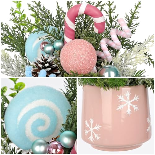 Christmas Centerpieces for Tables with Pink & Blue Ceramic Vase - Holiday Table Decor, Pine Branches & Candy Cane Accents