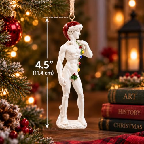 Michelangelo's David Christmas Ornament - Festive Holiday Decor with Lights & Holly Leaf - 4.5 Inches - Classic David V3.0
