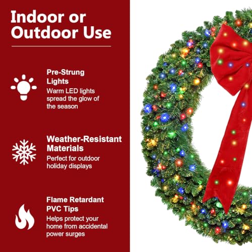 48-Inch Artificial Christmas Wreath for Outdoor Decor with Red Bow