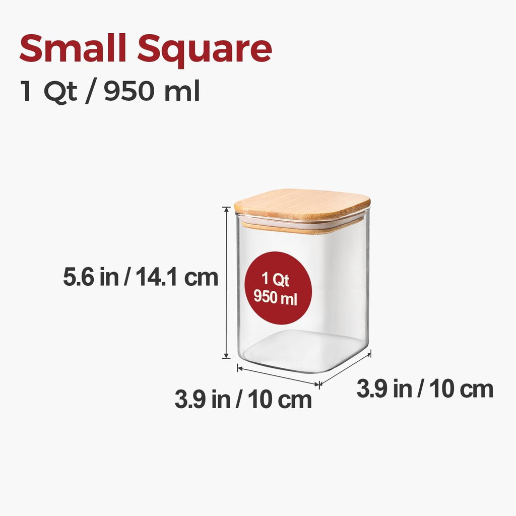 Skiennix 1Qt Airtight Glass Canisters - Bamboo Lid Square Storage for Coffee, Snacks & Dry Goods | 4-Pack