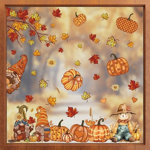 9 Sheets Fall Window Clings - Reusable Gnome & Pumpkin Autumn Decals