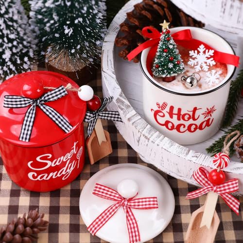 Christmas Ceramic Canisters Set - Mini Candy Holders with Wooden Beads & Ribbons - Holiday Decor