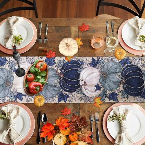 Heirloom Haven Vintage Blue Pumpkin Fall Table Runner 13x72 Inch