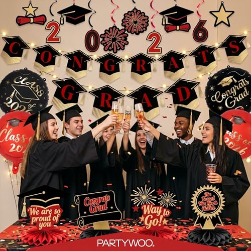 Class of 2026 Graduation Decorations Set - 19pcs Black & Red Kit