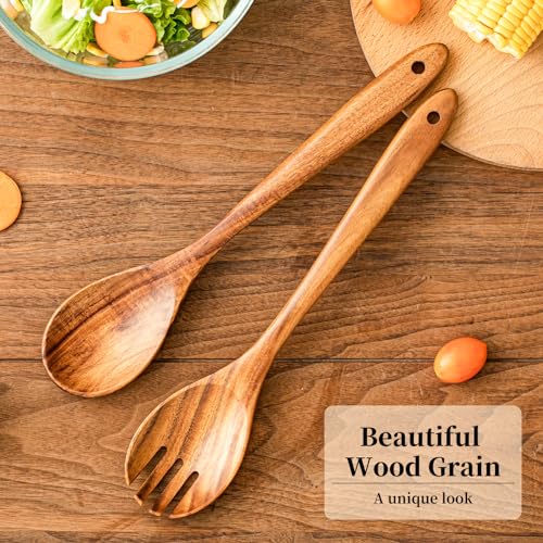 Gudamaye Acacia Wooden Salad Server Set - 13 Inch Salad Tongs with Fork & Spoon, Long Handle Salad Servers, Salad Mixing Utensils, Salad Servers