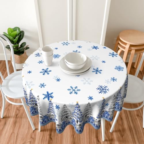 Giwawa Christmas Round Tablecloth 60 Inch Blue Xmas Trees Poinsettia Snowflakes Holiday Decor Variation of Xmas Trees / One Size