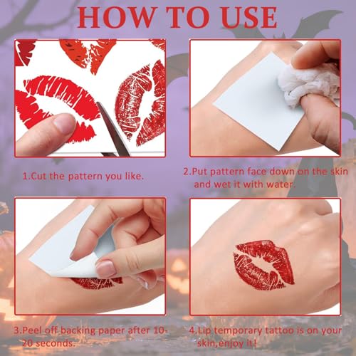 KYLELOVE Lip Temporary Tattoo 12 Sheets - Red Heart & Kiss Face Stickers