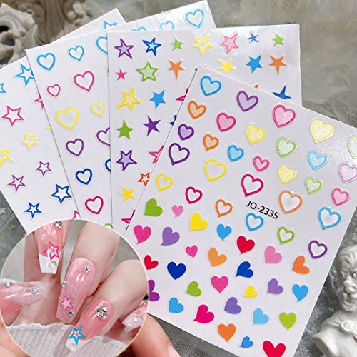 6 Sheets Colorful Star & Heart Nail Art Stickers 3D Self-Adhesive Decals