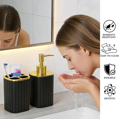 Black and Gold Bathroom Accessories Set - Soap Dispenser & Toothbrush Holder