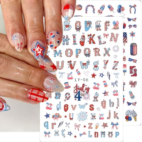 4th of July Nail Stickers - 6 Sheets Patriotic Red White and Blue Self-Adhesive Nail Decals