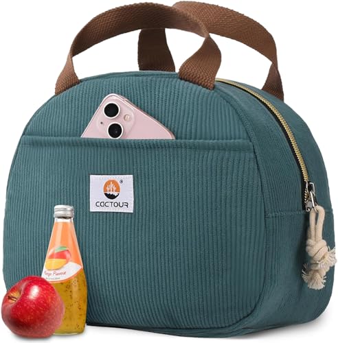CaCTOUR C-Lake Green Insulated Lunch Bag for Women Girls Teens, Corduroy Cooler Tote, Small Portable Reusable Lunchbox