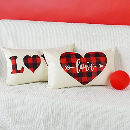 ONWAY Valentine's Day Lumbar Pillow Covers, 12x20 Farmhouse Buffalo Plaid, 2PK