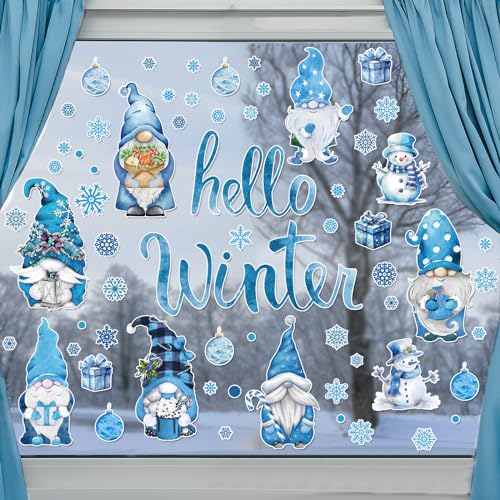 Hello Winter Gnome Window Stickers 131-Piece Watercolor Snowflake Decals - Blue Gnomes Christmas Decor