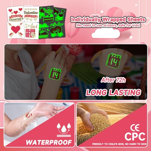 EMOME 204 PCS Glow in the Dark Valentine Temporary Tattoos for Kids