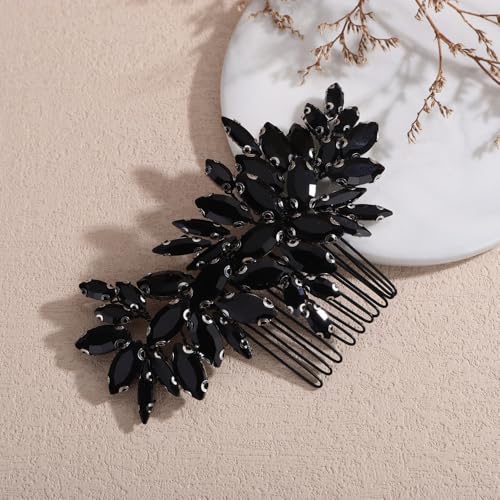 Denifery Crystal Leaf Bridal Hair Comb Black Rhinestone Headpiece