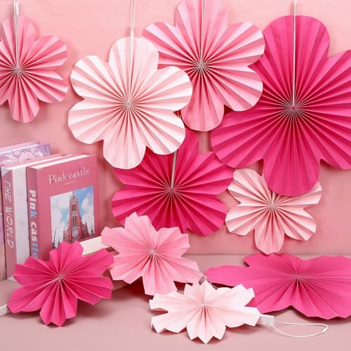 JULBEAR 12pcs Pink Paper Fans Hanging Ornaments for Party Decorations