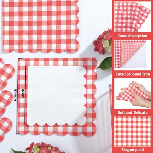80 Pcs Red Gingham Scalloped Paper Napkins, 6.5 Inch Checkered Tableware