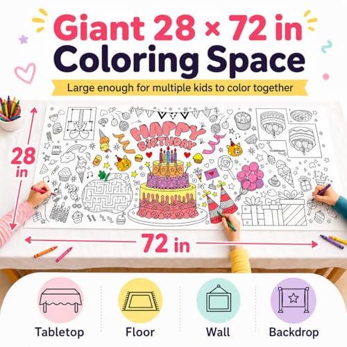 Happy Birthday Giant Coloring Tablecloth - 28x72 Inch Kids Party Poster
