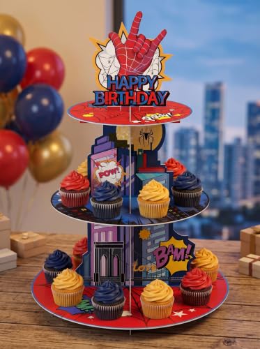 Superhero Spider 3-Tier Cupcake Stand for Birthday Party Decorations