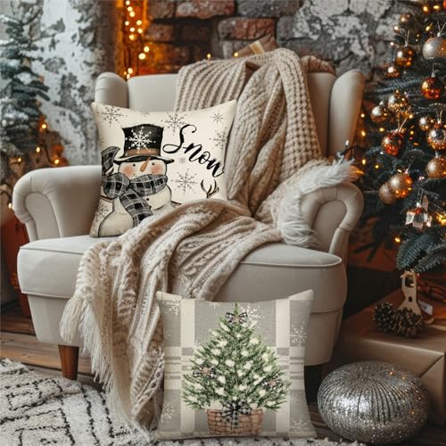 Christmas Throw Pillow Covers 18x18 Set of 4, Holiday Snowman Reindeer Decor