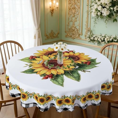 YOPINCO 60-Inch Round Sunflower Tablecloth, Waterproof Floral Table Cover