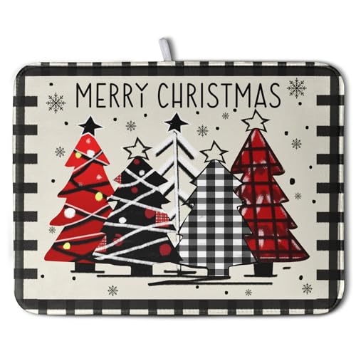 Christmas Trees Dish Drying Mat 18x24 Inch Reversible Microfiber Kitchen Counter Decor - Black White Buffalo Plaid