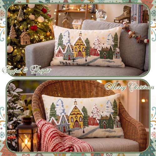 White 20x12 Inch Christmas Village Pillow Cover Snowy Town Scene Embroidered