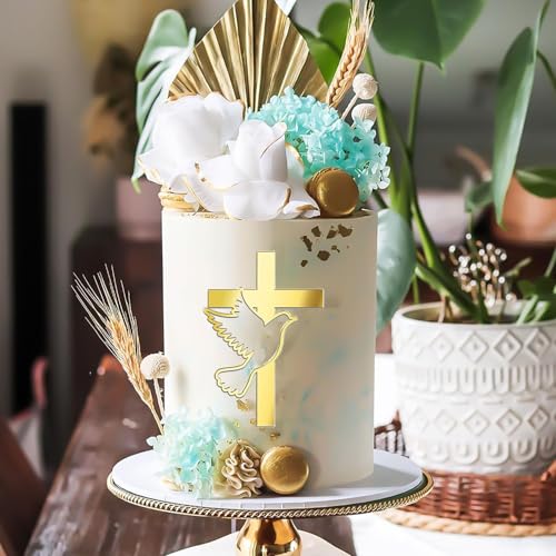 Gold Mirror Acrylic Cross Dove Cake Topper - 5" for Baptism & Communion