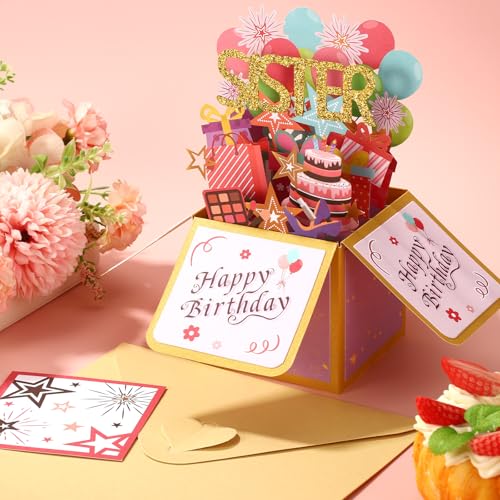 Sinbana 3D Pop Up Birthday Card for Sister - Colorful Greeting Card