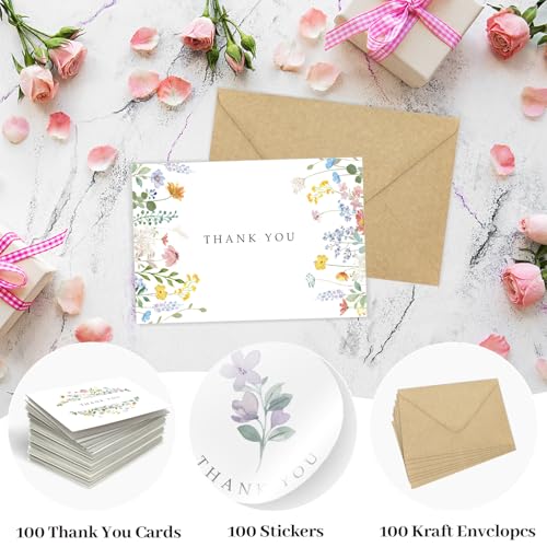 Hidreas Floral Thank You Cards with Kraft Envelopes, 4x6 Inch, 24 Pack