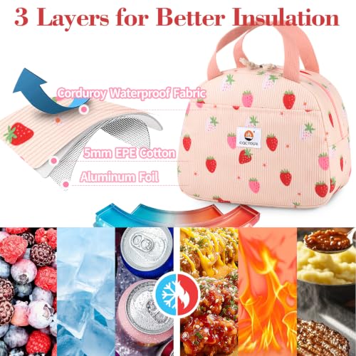 CaCTOUR Small Strawberry Corduroy Insulated Lunch Bag for Women & Girls