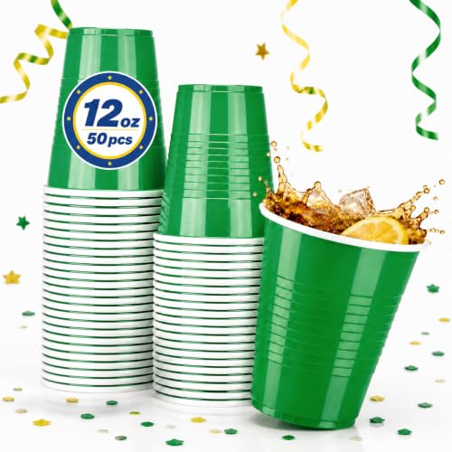 Glotoch Express Green Disposable Plastic Cups 12 oz - 50 Count, BPA-Free Party Drinkware