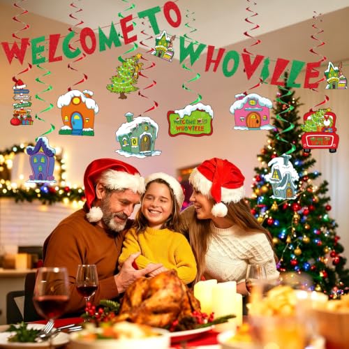 Christmas Banner Set with Snow Village & Holiday Decor - Red & Green