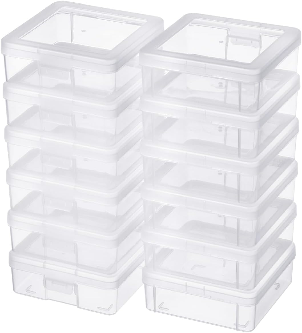 Storage Containers - 12 Pack Clear Plastic Boxes with Latching Lid | Small 5" x 5" x 1.9" for Office & Beauty