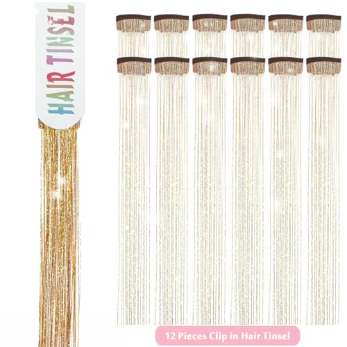 Clip in Hair Tinsel Extensions 23.6 Inch 12 Pcs Gold Fairy Hair Sparkle Kit