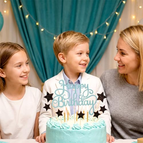 Light Blue Happy Birthday Cake Topper - Elegant Glitter Design