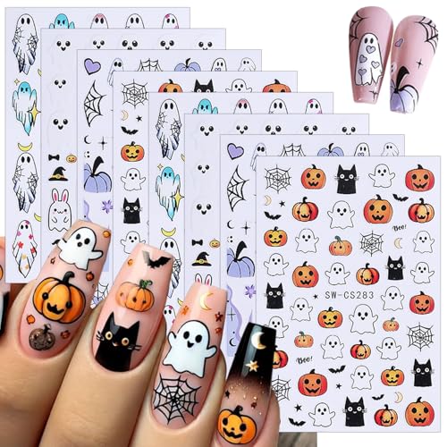 Halloween Nail Art Stickers 8 Sheets 3D Self-Adhesive Ghost Pumpkin Decals