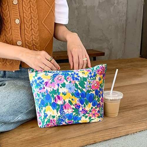 KSMMA Floral Canvas Makeup Bag - Small Travel Cosmetic Organizer with Zipper
