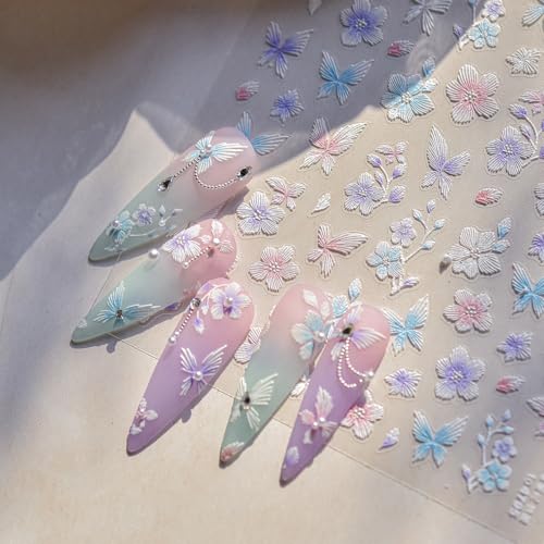 LIFOOST 5D Embossed Flower Nail Stickers Butterfly Floral Manicure Decals