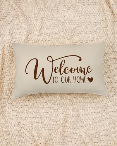 PreLiving Beige 20x12 Inch Farmhouse Welcome Pillow Cover - Rustic Lumbar Cushion Case