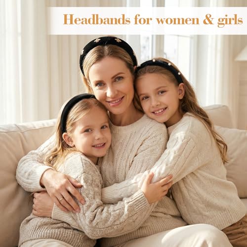 Black Velvet Headbands for Women 3-Piece Set with Pearl and Bee