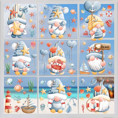Hianjoo 93 Pcs Summer Beach Gnome Window Clings - Ocean Decor