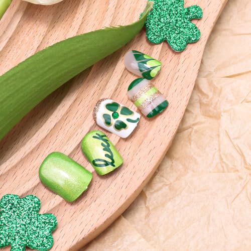 St. Patrick's Day Short Square Press On Nails with Rhinestones & Shamrocks