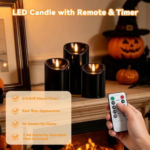 Black Flameless Candles with Remote & Timer - Halloween LED Pillar Set - Black