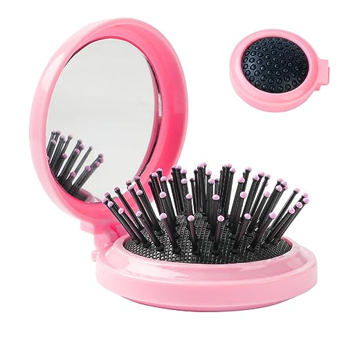 Tenalleys 2-Piece Folding Travel Hair Brush with Mirror Mini Pocket Pink