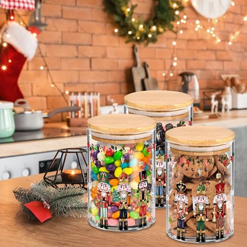 Gold Nutcracker Christmas Glass Storage Jars Set with Lids - 3 Pack