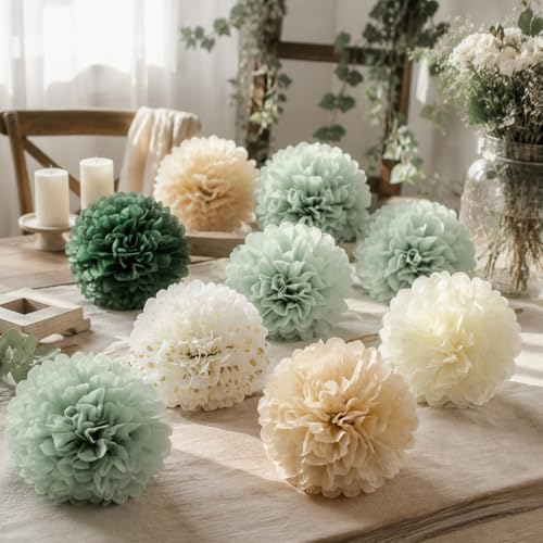 Sage Green Tissue Paper Pom Poms - 12-Piece Party Decoration Set