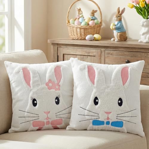 Easter Throw Pillow Covers 18x18 - Set of 2 Bunny Design