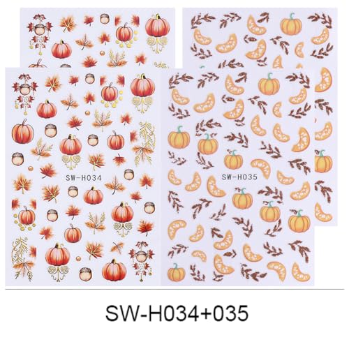Fall Nail Stickers 4 Sheets 3D Self-Adhesive Maple Leaf Pumpkin Decals