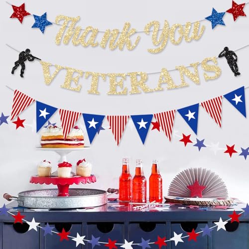 Thank You Veterans Banner Gold Glitter Patriotic Party Decorations